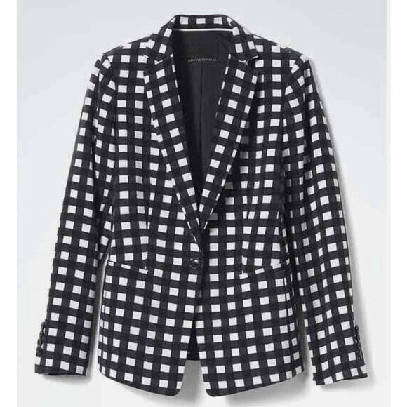 Banana RepublicGingham 1 Button Blazer - Size 14 / White/Black - Picture 3 of 13